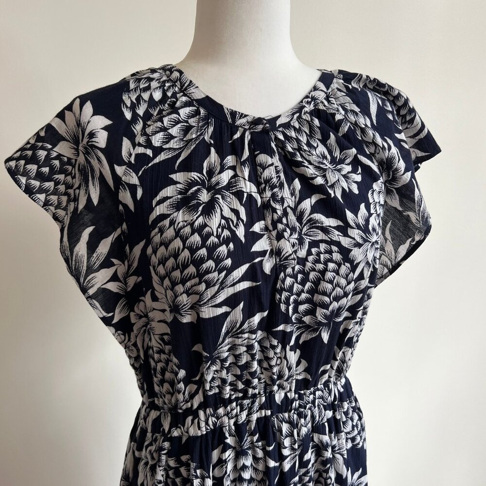 J.Crew Cotton Midi Dress Navy White Floral Pineapple Print Size‎ 4 - Picture 2 of 7
